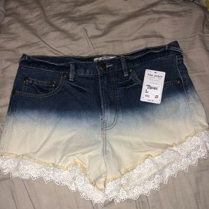 free people high waisted jean shorts wcrochet trim